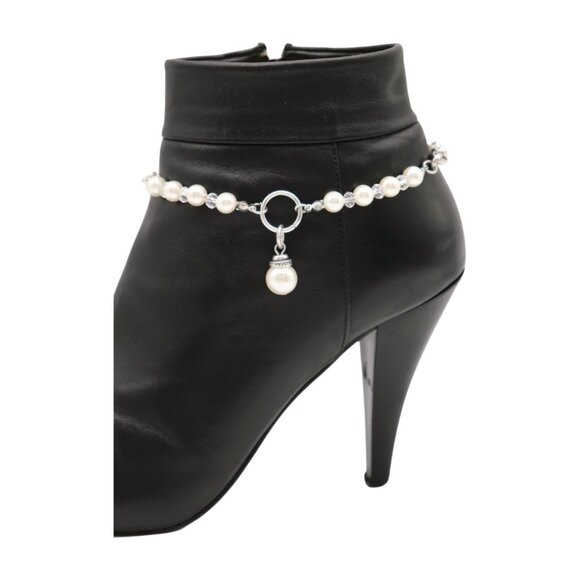 Women Silver Metal Chain Boot Bracelet Shoe Cream Imitation Pearl Charm 2PCS SET - Picture 14 of 17